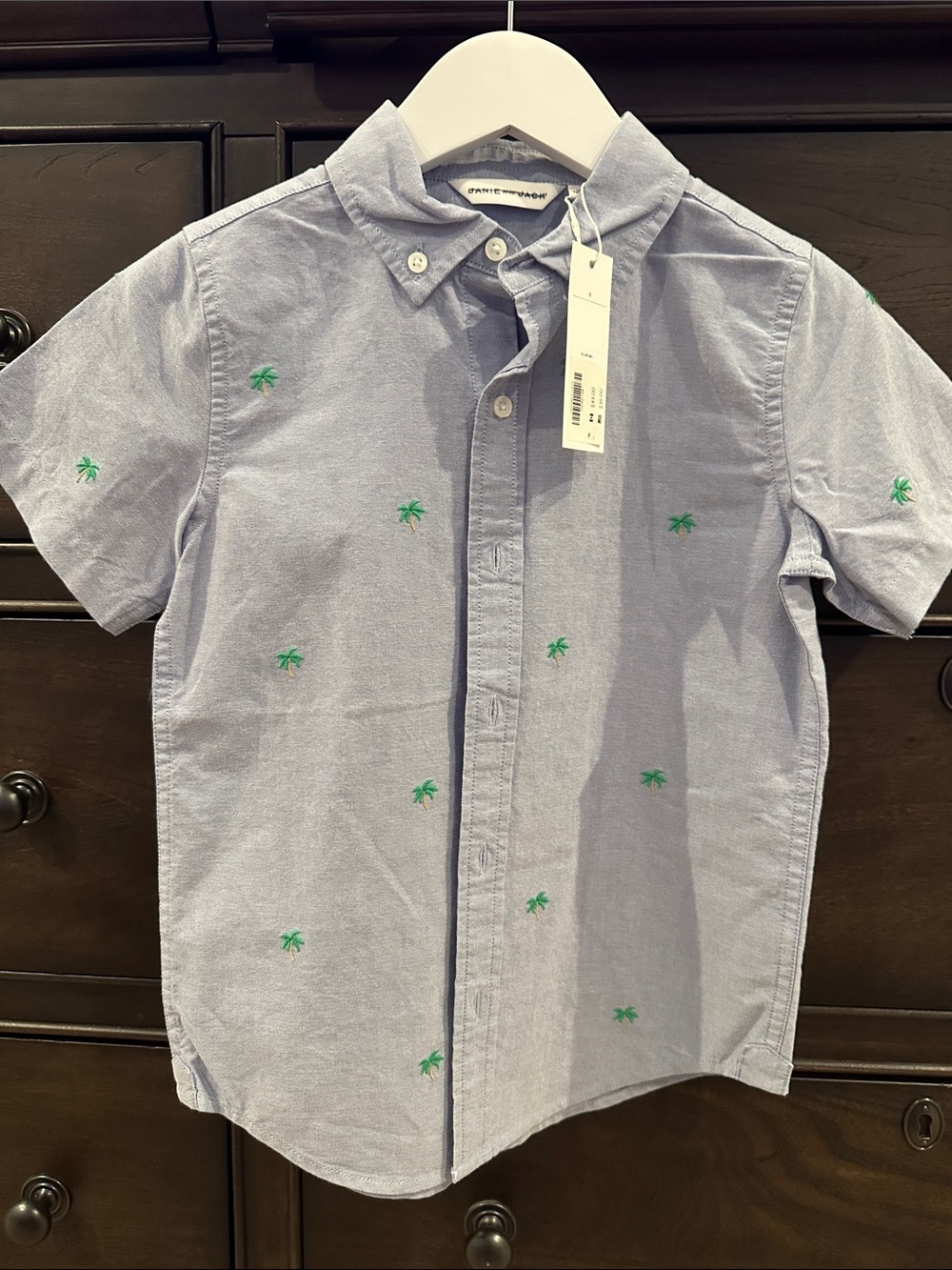 Janie and Jack Light Blue Button-Down Shirt with Green Palm Embroidery